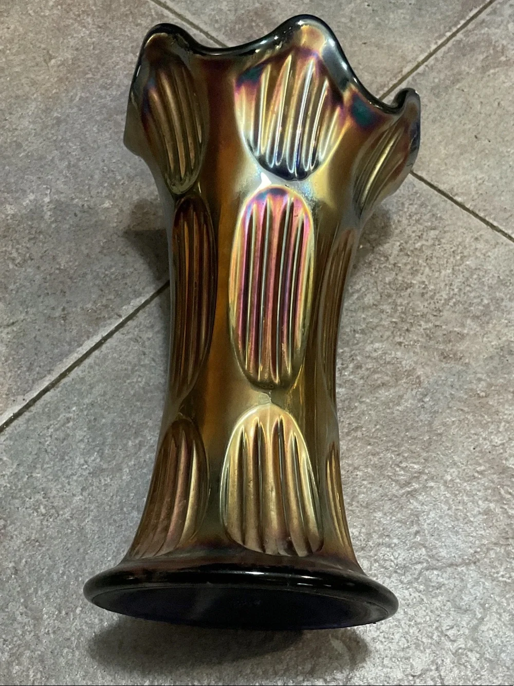 Fenton Iridescent Green and Bronze Ruffled Glass Vase